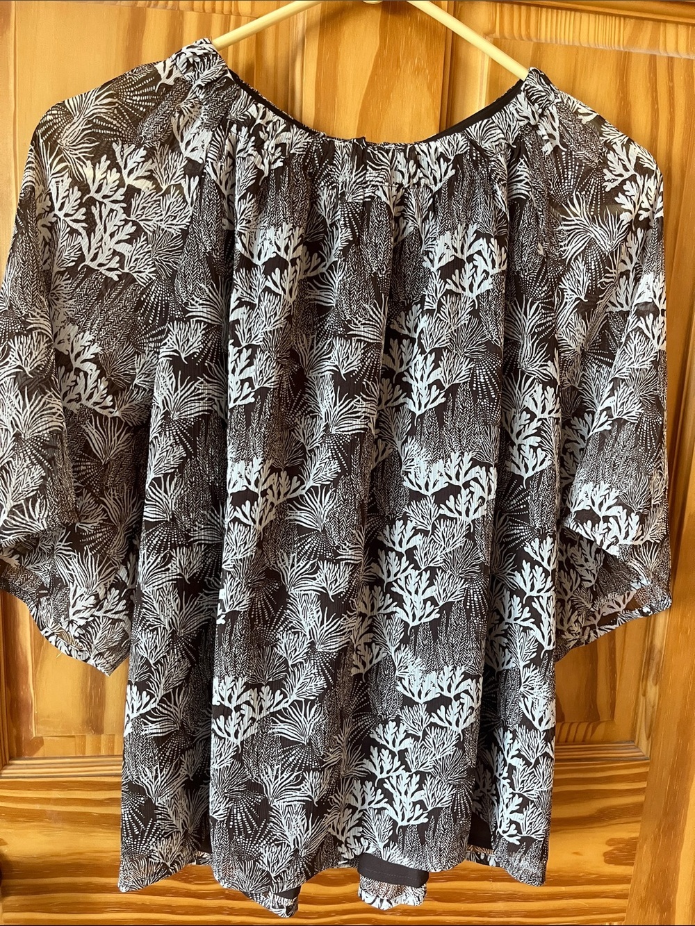 LOFT Black Blouse with White Botanical Print
